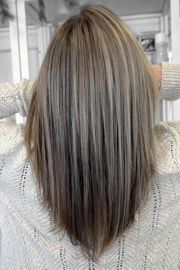 Collarbone Long Bob Gray Highlights — Classy Gray Blending Hair Dark Brown