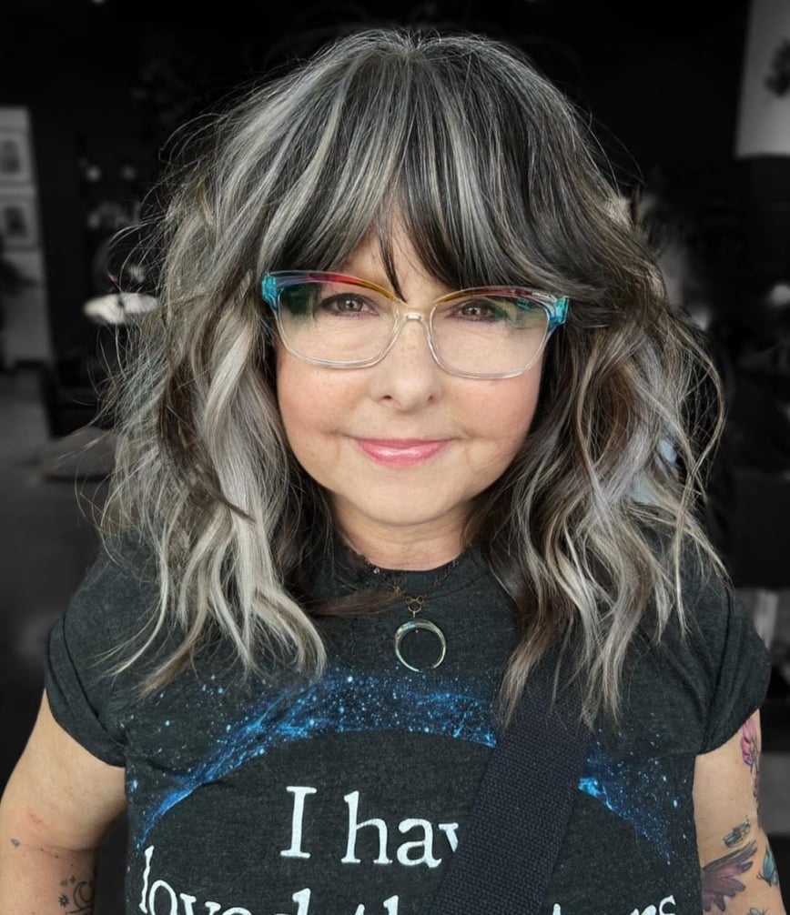 Chin Bob With Blunt Bangs Gray Highlights — Classy Gray Blending Hair Dark Brown