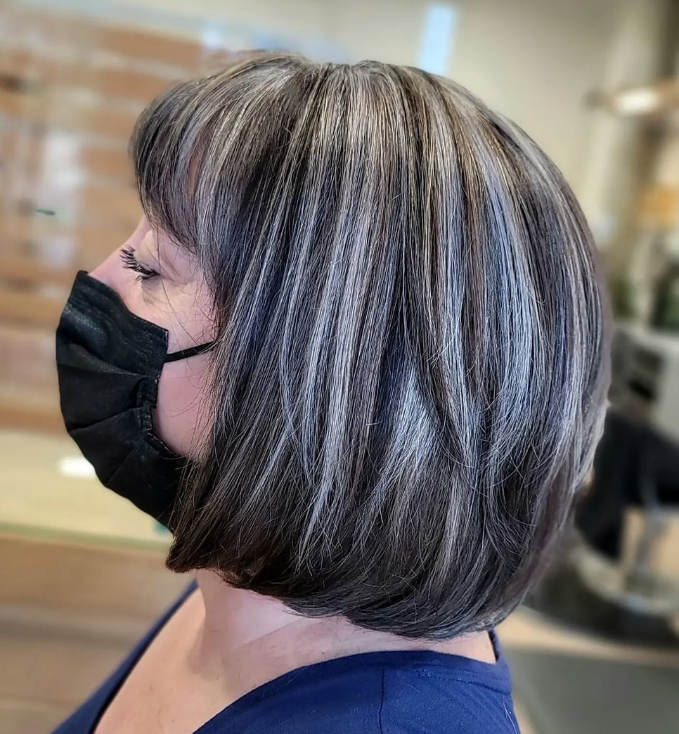 Chin Bob Gray Highlights Fine Texture — Classy Gray Blending Hair Dark Brown