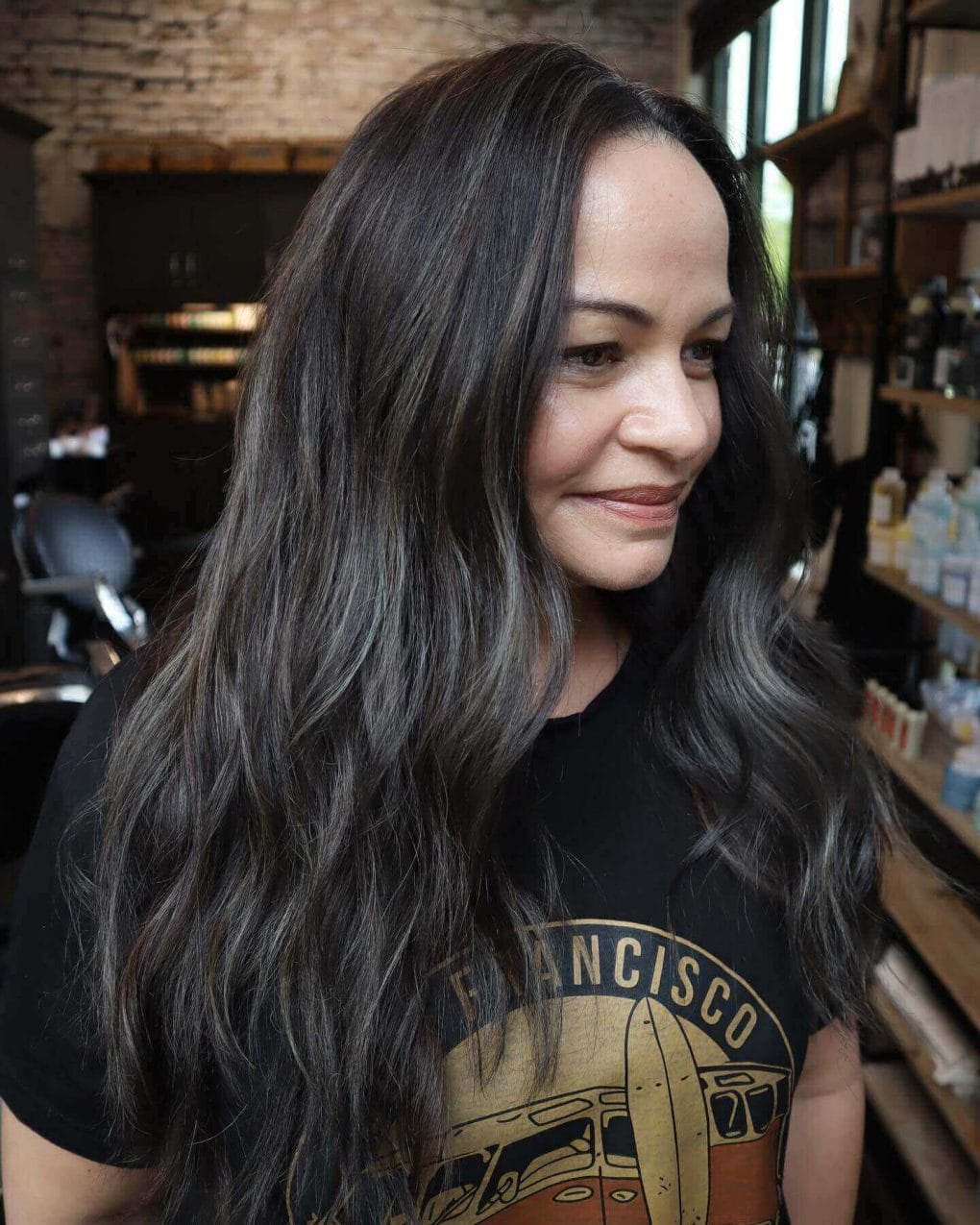 Mid-Back Layers Blended Gray Highlights — Classy Gray Blending Hair Dark Brown