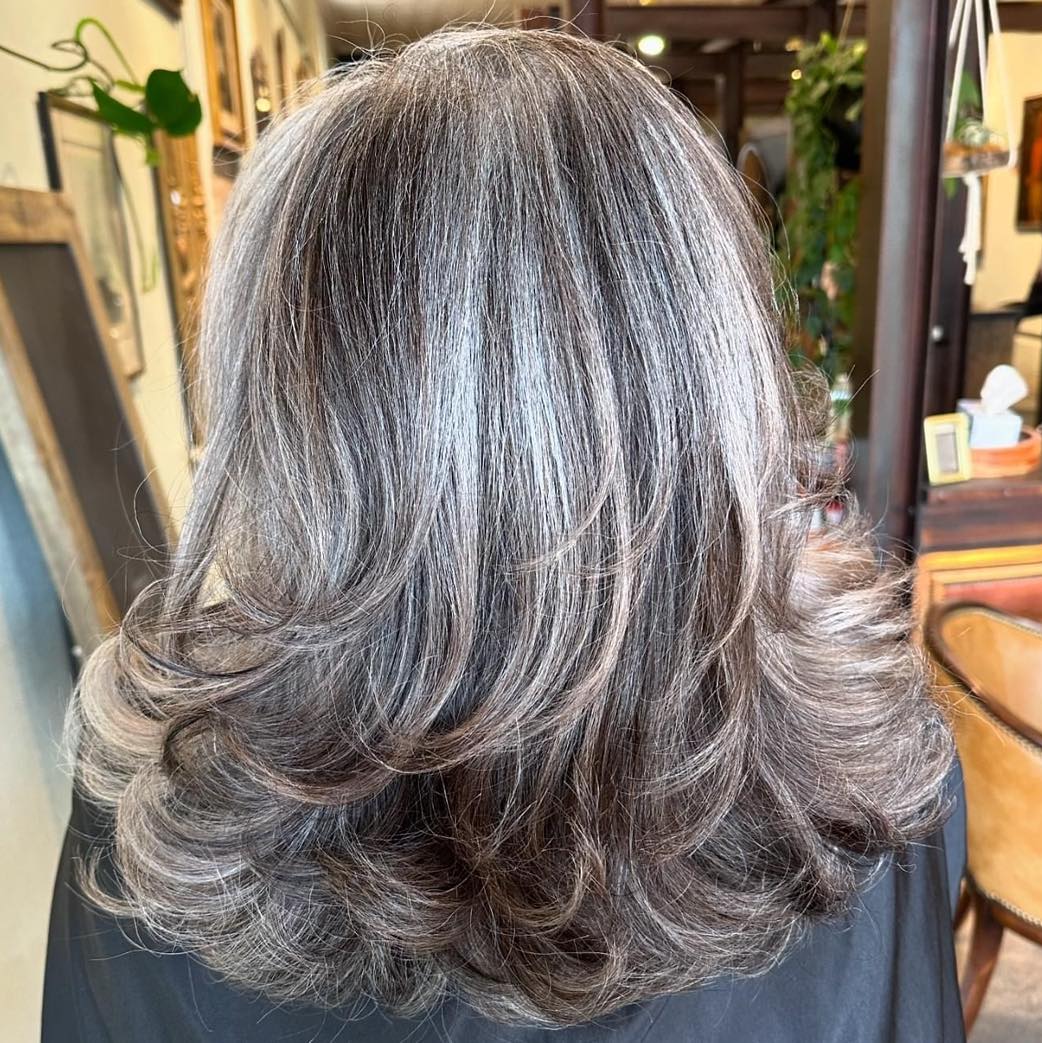 Mid-Back Layers Gray Lowlights — Classy Gray Blending Hair Dark Brown