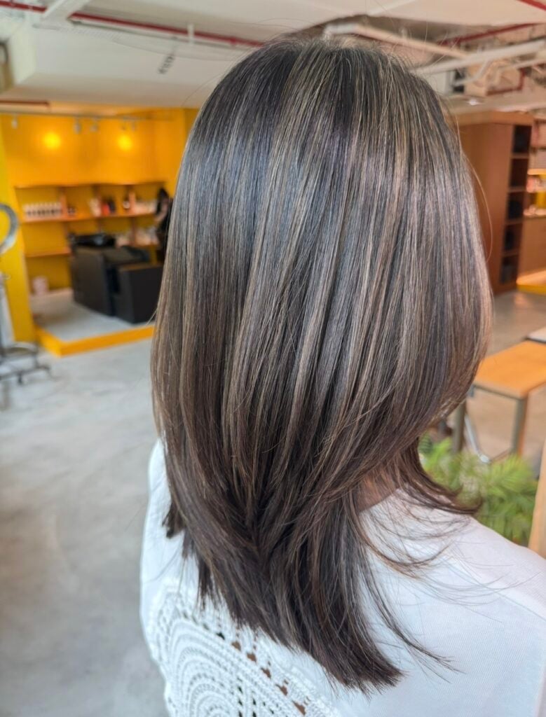 Mid-Back Layers Gray Ash Blonde Blend — Classy Gray Blending Hair Dark Brown