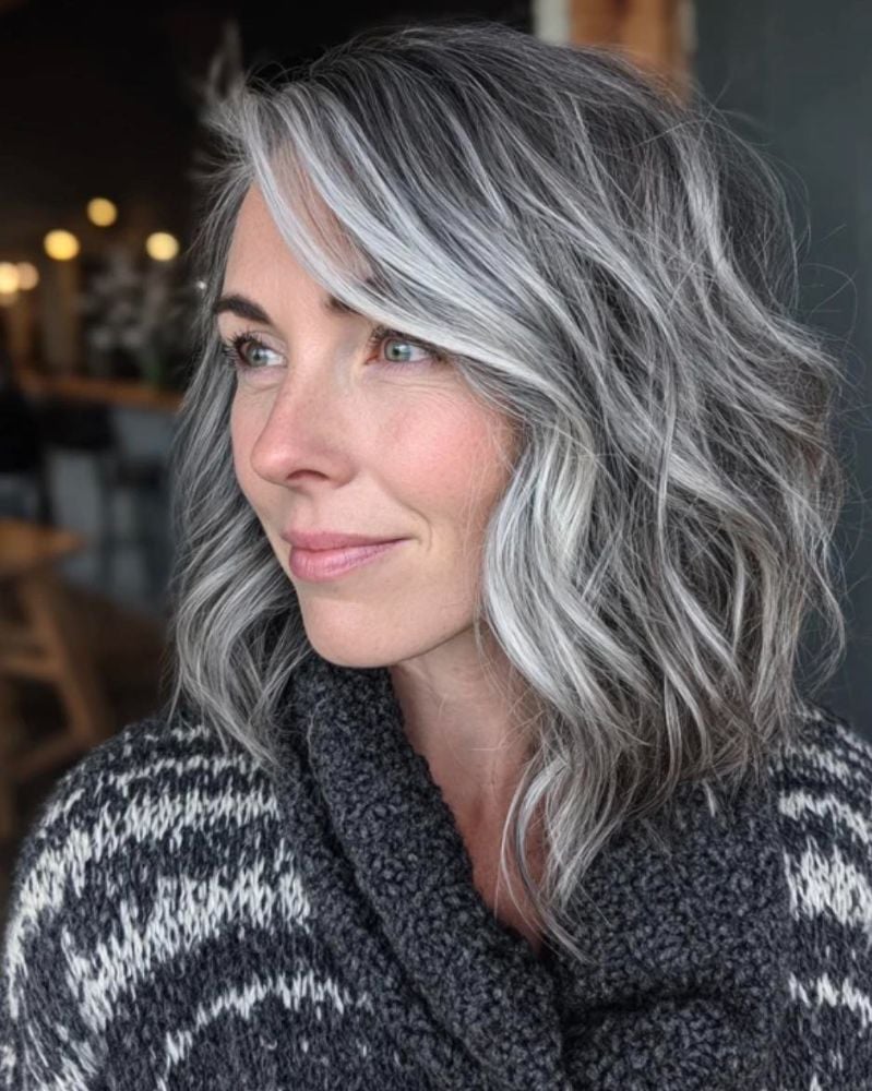 Collarbone Waves With Gray Silver Highlights — Classy Gray Blending Hair Dark Brown