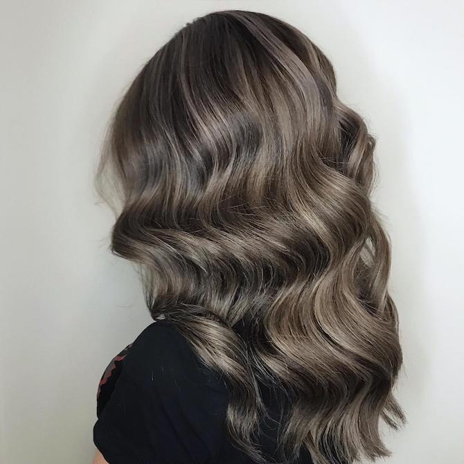 Mid-Back Layers Gray Ash Blonde Blend, Close-Up Take — Classy Gray Blending Hair Dark Brown