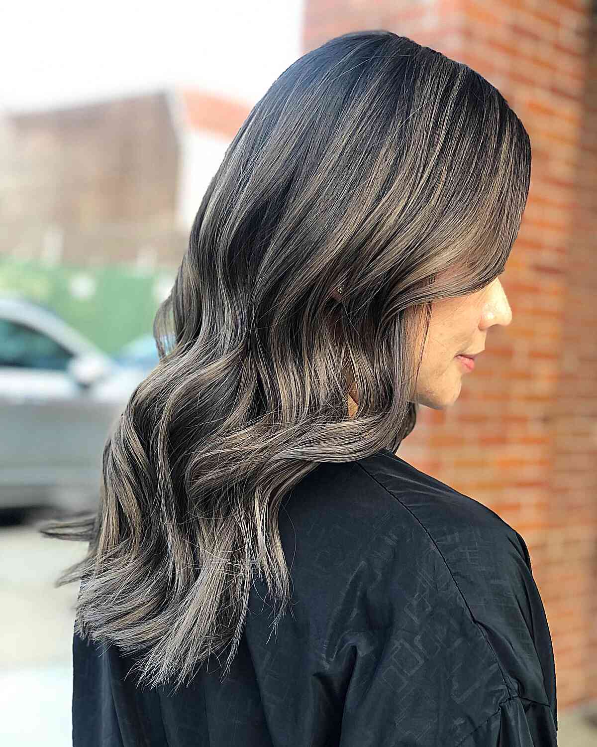 Mid-Back Long Layers Natural Gray Blend — Classy Gray Blending Hair Dark Brown
