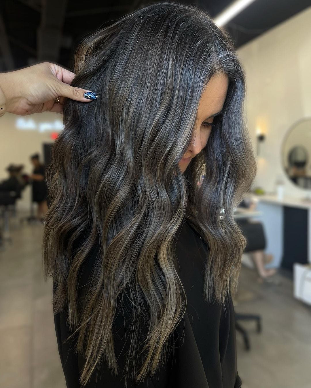 Mid-Back Layers Ash Gray Blend, Low-Key Version — Classy Gray Blending Hair Dark Brown
