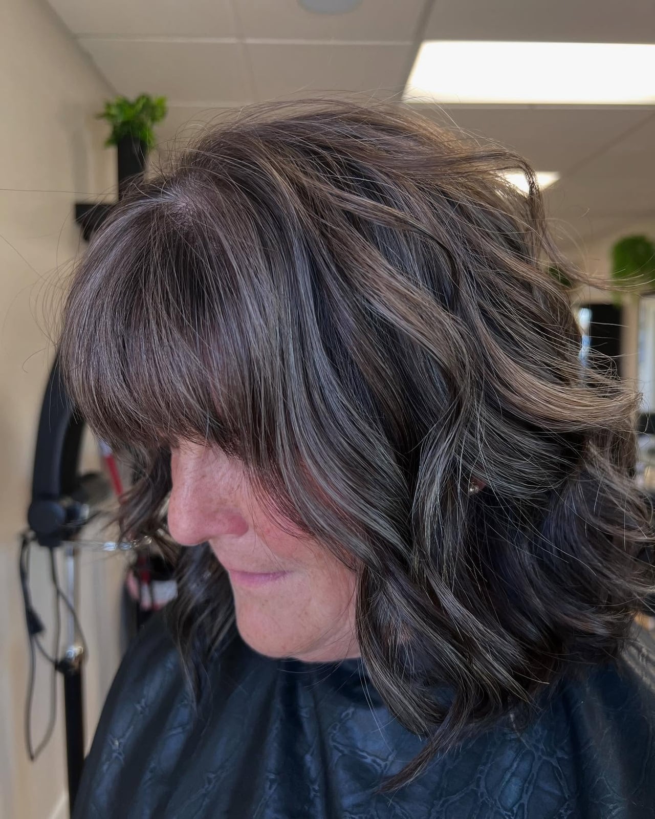 Collarbone Long Layers Gray Ash Blonde, Close-Up Take — Classy Gray Blending Hair Dark Brown