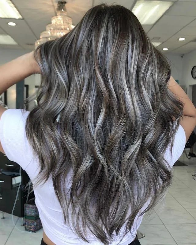 Mid-Back Wavy Gray Silver Blend — Classy Gray Blending Hair Dark Brown