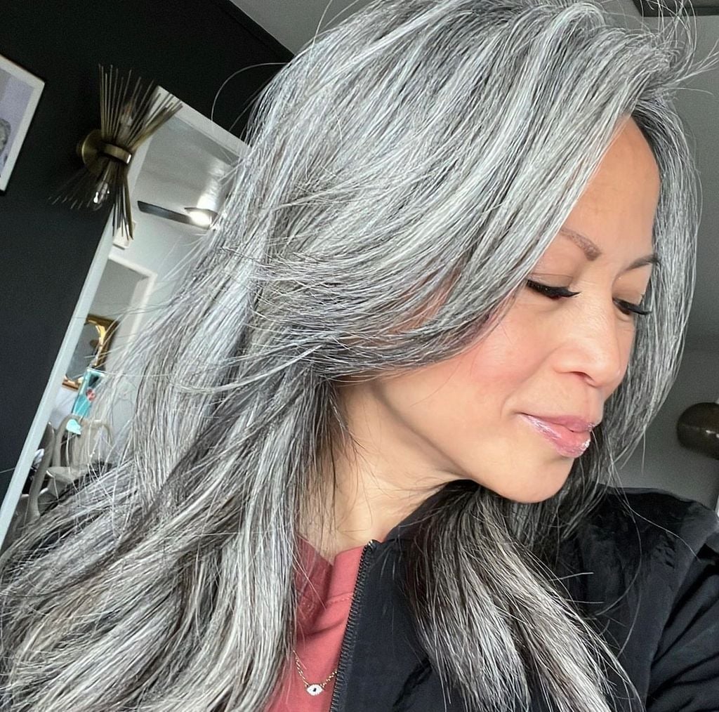 Mid-Back Air Dried Natural Gray Texture — Classy Gray Blending Hair Dark Brown