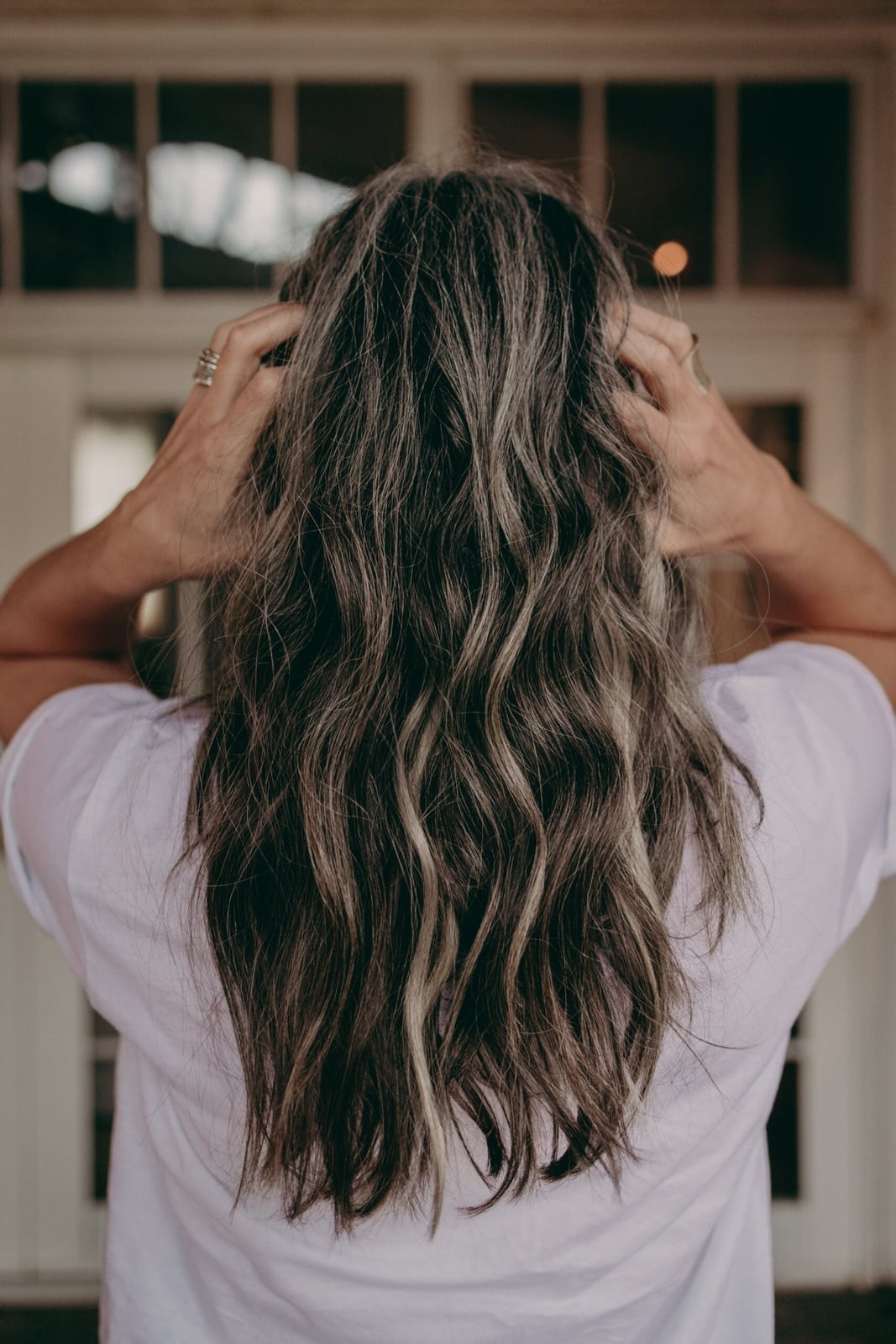 Mid-Back Air Dried Loose Waves Gray Blend — Classy Gray Blending Hair Dark Brown