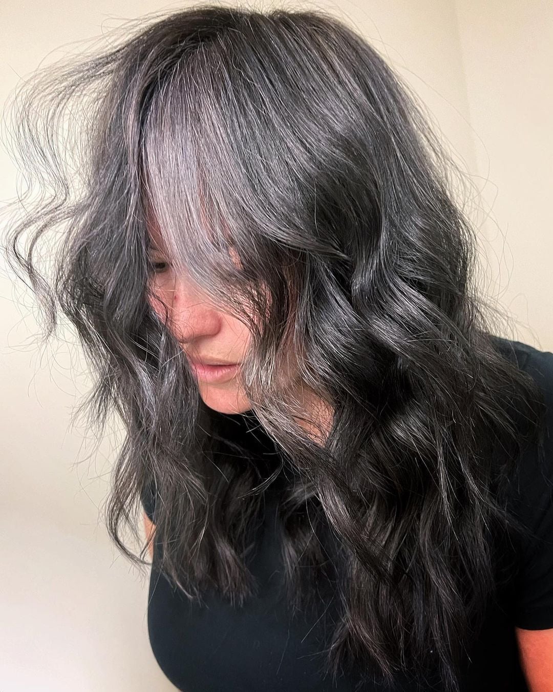 Shoulder Layers With Gray Money Piece — Classy Gray Blending Hair Dark Brown