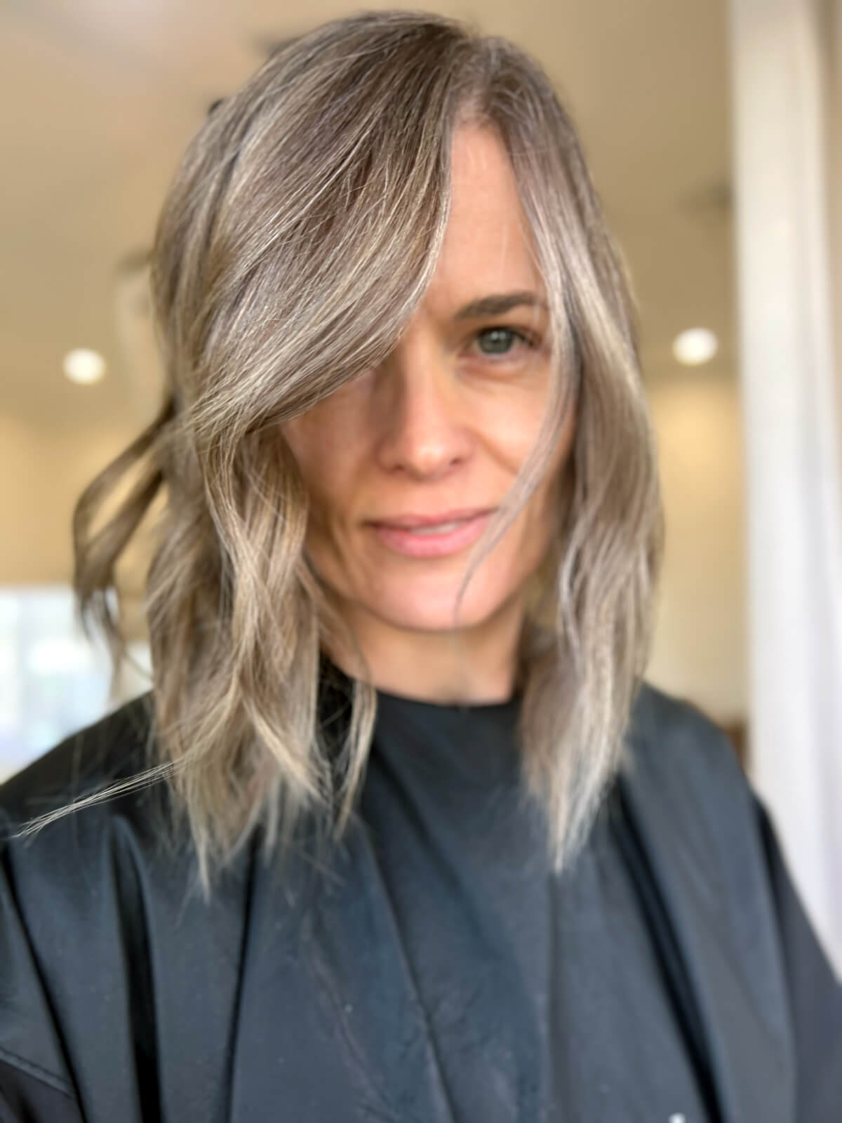 Shoulder Curtain Bangs Gray Blonde Blend — Classy Gray Blending Hair Dark Brown