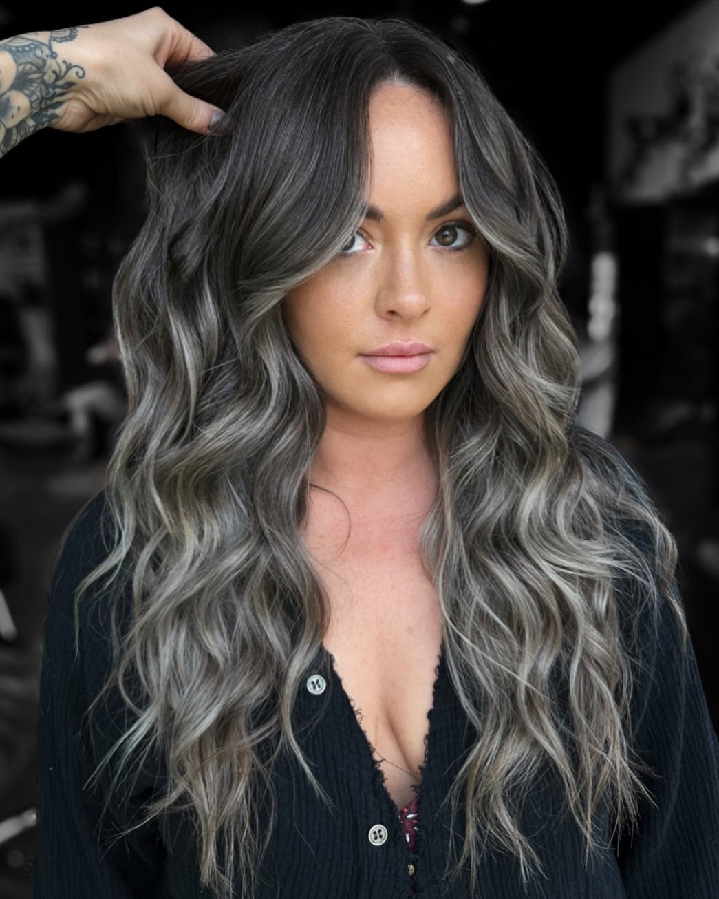 Collarbone Layers Gray Balayage — Classy Gray Blending Hair Dark Brown