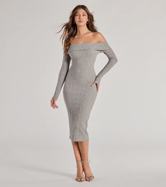 Gray Ribbed Knit Off-the-Shoulder Knee-Length Dress Gray Ribbed Knit Off-the-Shoulder Knee-Length Dress — Classy Gray Dress