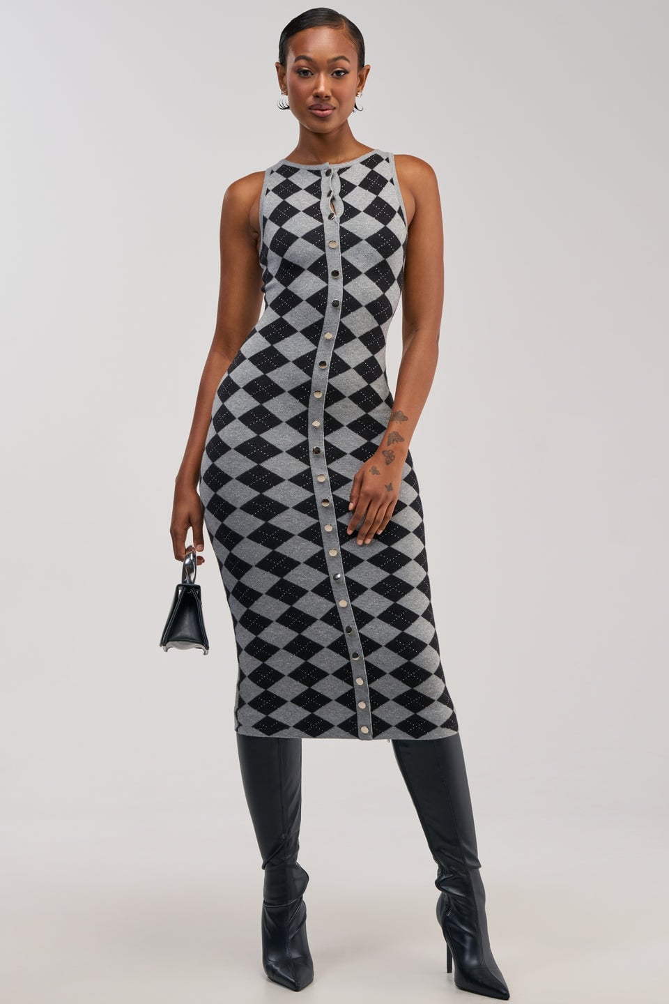 Gray and Black Argyle Knit Midi Dress Gray and Black Argyle Knit Midi Dress — Classy Gray Dress