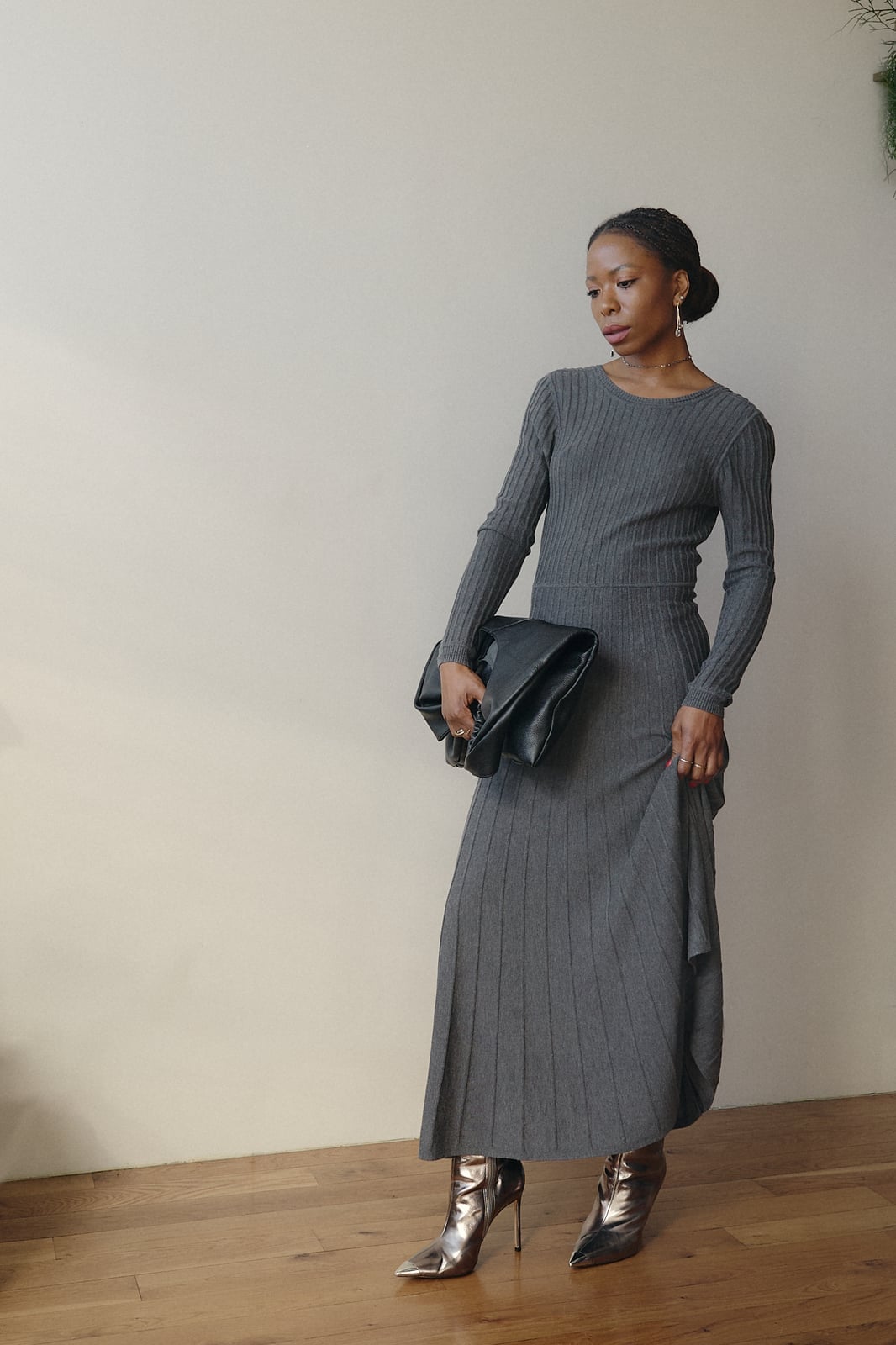 Gray Ribbed Knit Maxi Dress with Sheath Silhouette Gray Ribbed Knit Maxi Dress with Sheath Silhouette — Classy Gray Dress