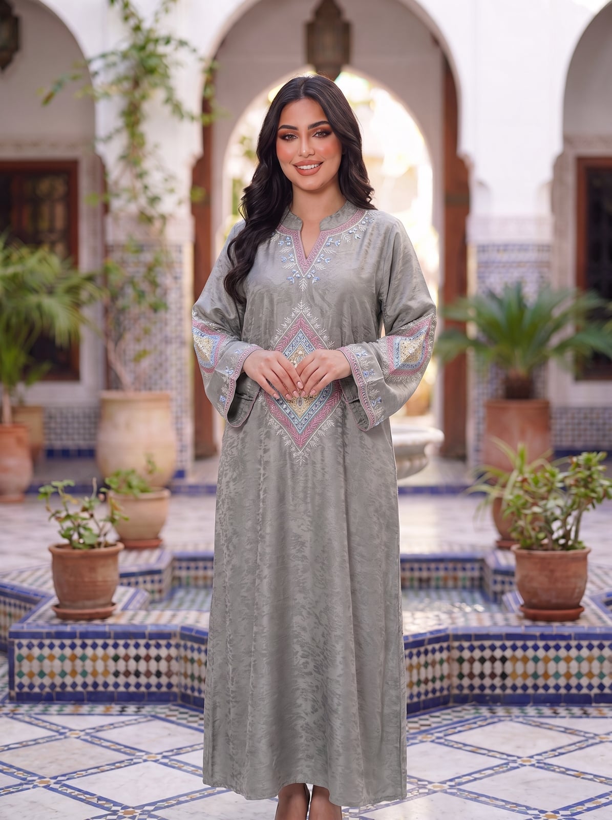 Gray Silk Kaftan Maxi Dress with Geometric Embroidery Gray Silk Kaftan Maxi Dress with Geometric Embroidery — Classy Gray Dress