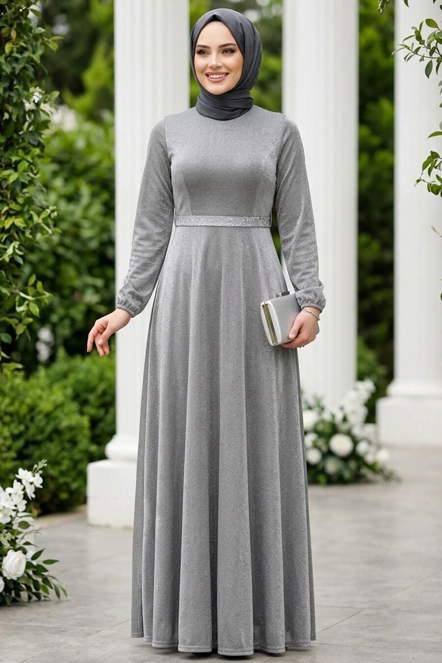 Shimmering Gray Long-Sleeve Maxi Dress with Flowing Skirt Shimmering Gray Long-Sleeve Maxi Dress with Flowing Skirt — Classy Gray Dress