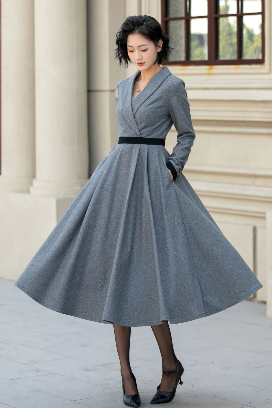 Gray Fit and Flare Midi Dress with V-Neck Gray Fit and Flare Midi Dress with V-Neck — Classy Gray Dress