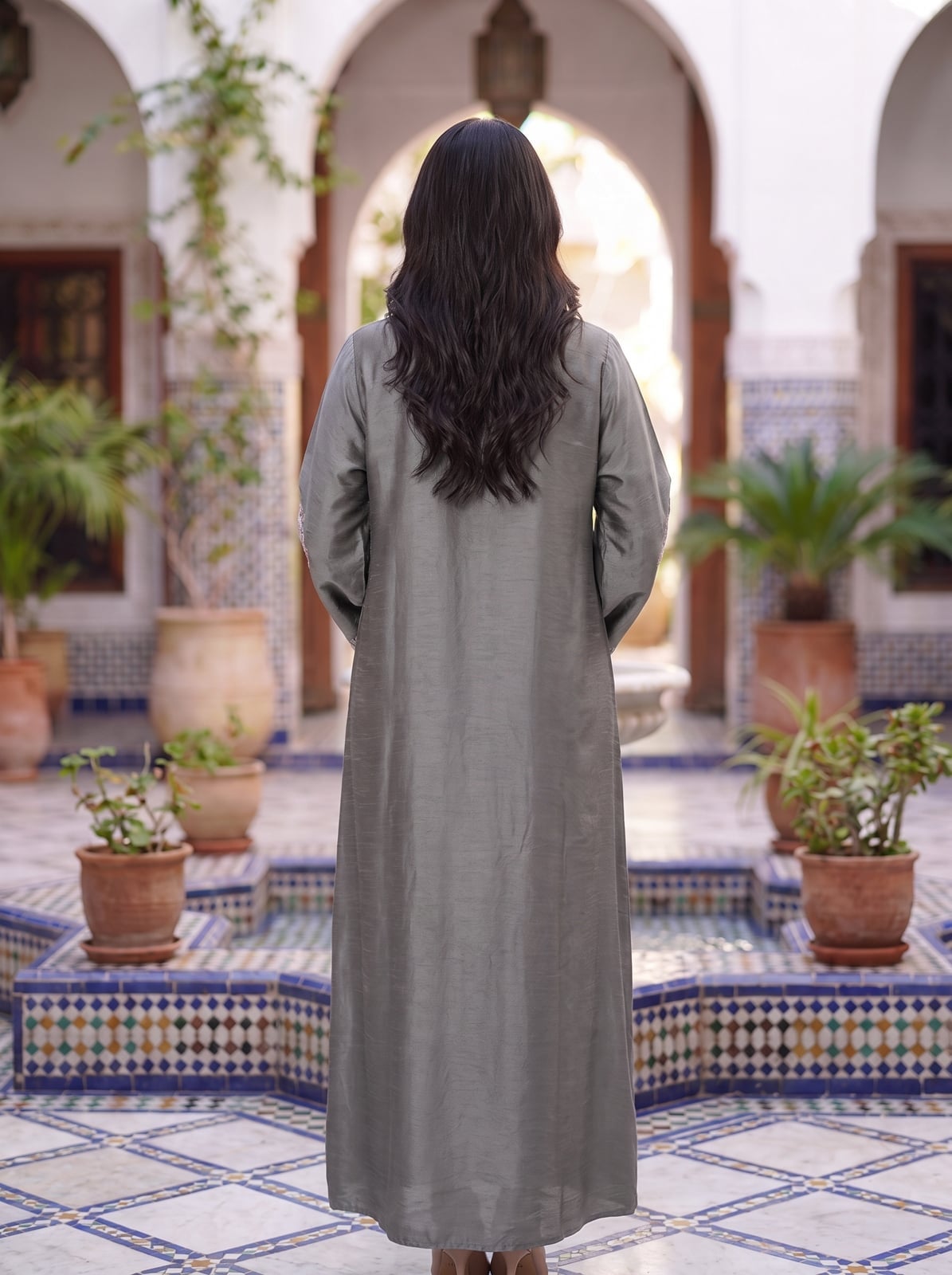 Gray Silk Kaftan Maxi Dress Back View Gray Silk Kaftan Maxi Dress Back View — Classy Gray Dress