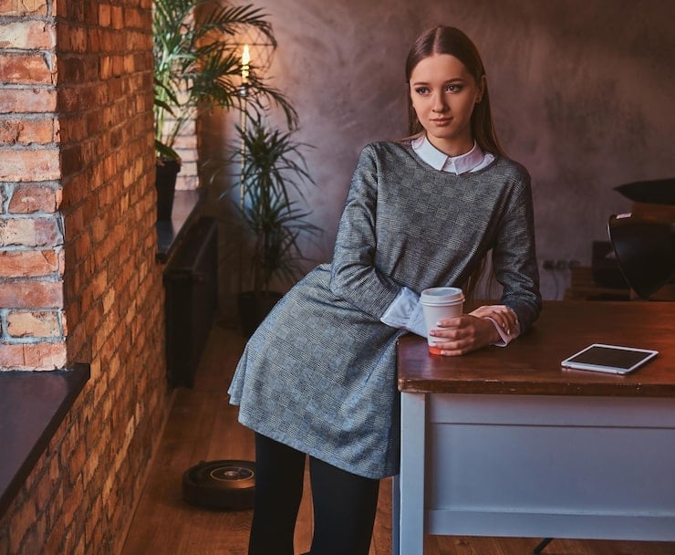Gray Plaid A-Line Dress Over White Shirt Gray Plaid A-Line Dress Over White Shirt — Classy Gray Dress