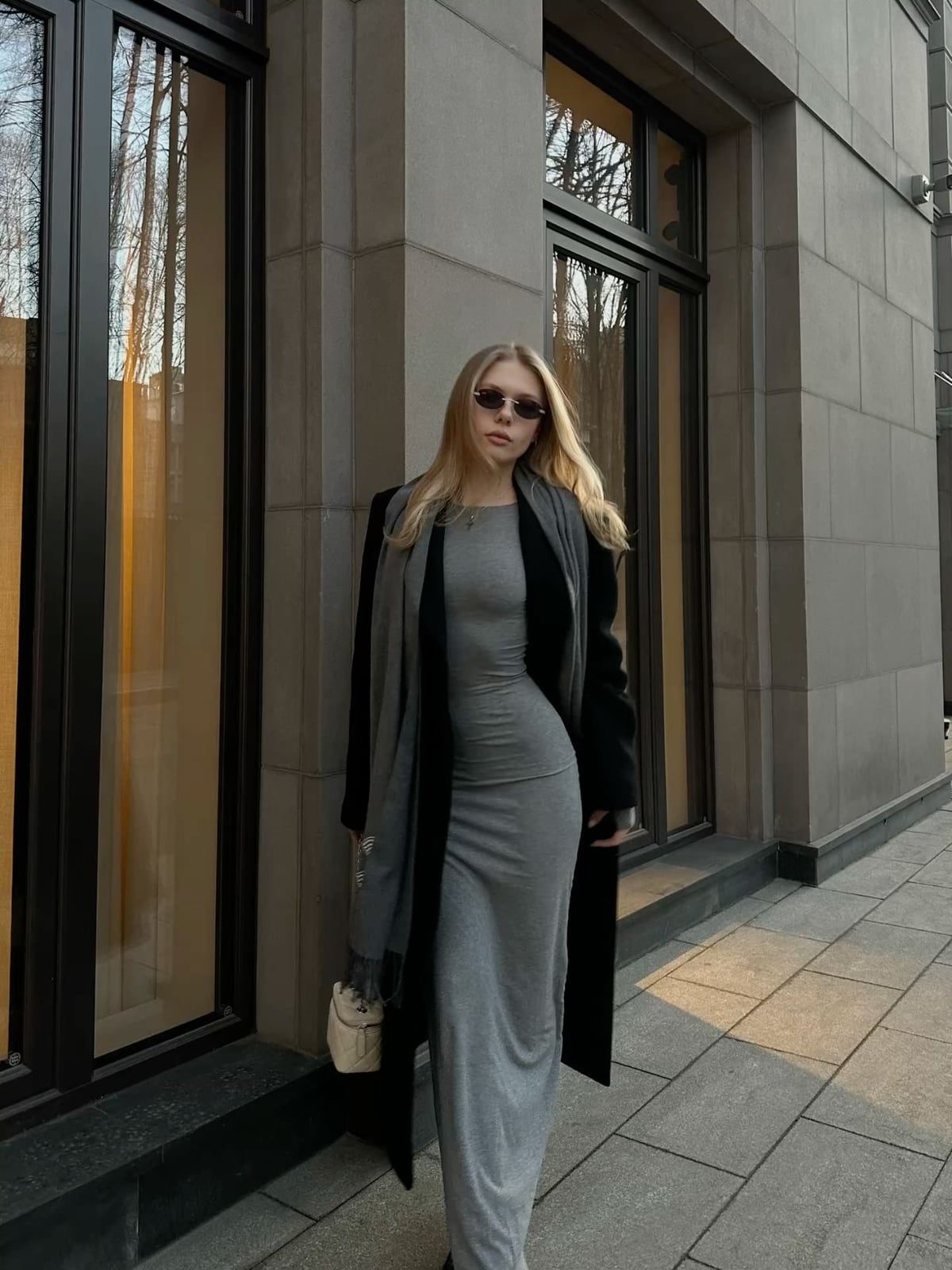Long Gray Bodycon Dress with Black Coat Long Gray Bodycon Dress with Black Coat — Classy Gray Dress