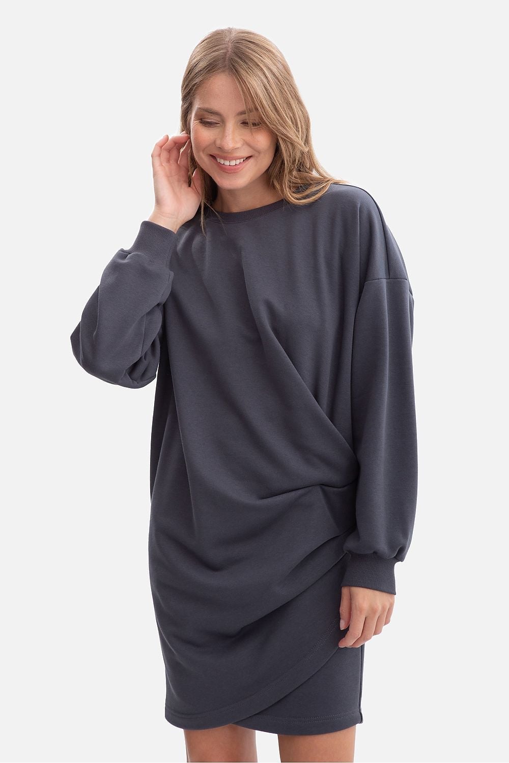 Gray Knit Relaxed A-Line Dress with Wedge Boots Gray Knit Relaxed A-Line Dress with Wedge Boots — Classy Gray Dress