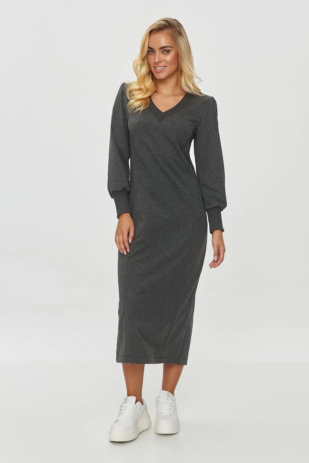 Charcoal Gray Ribbed Knit Column Midi Dress Charcoal Gray Ribbed Knit Column Midi Dress — Classy Gray Dress