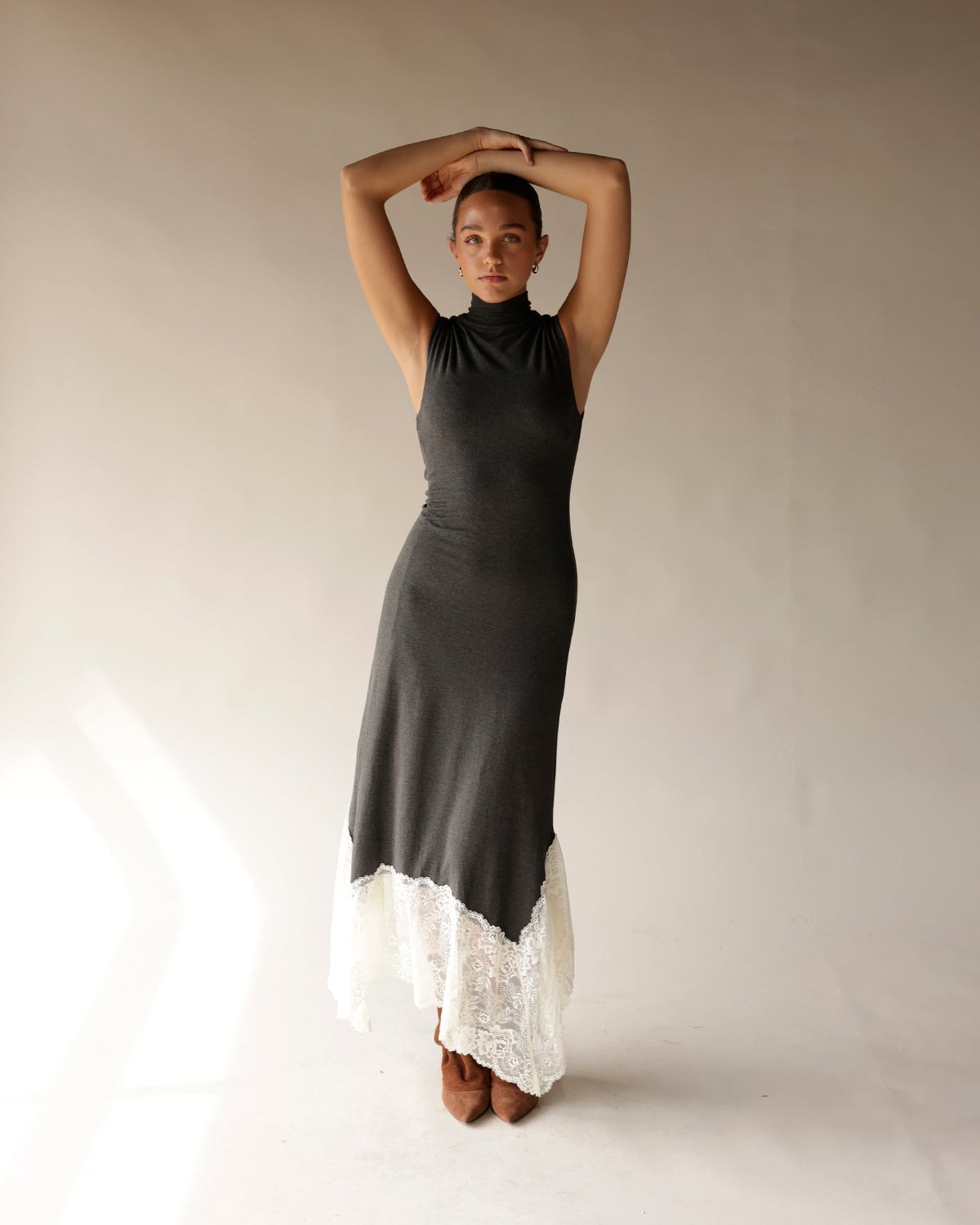Dark Gray Sleeveless Maxi Dress with Lace Hem Dark Gray Sleeveless Maxi Dress with Lace Hem — Classy Gray Dress