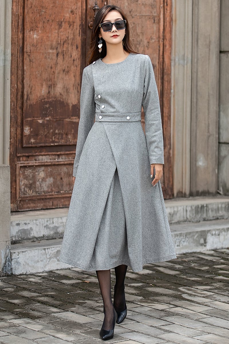 Elegant Gray A-Line Midi Dress with Asymmetrical Detail Elegant Gray A-Line Midi Dress with Asymmetrical Detail — Classy Gray Dress