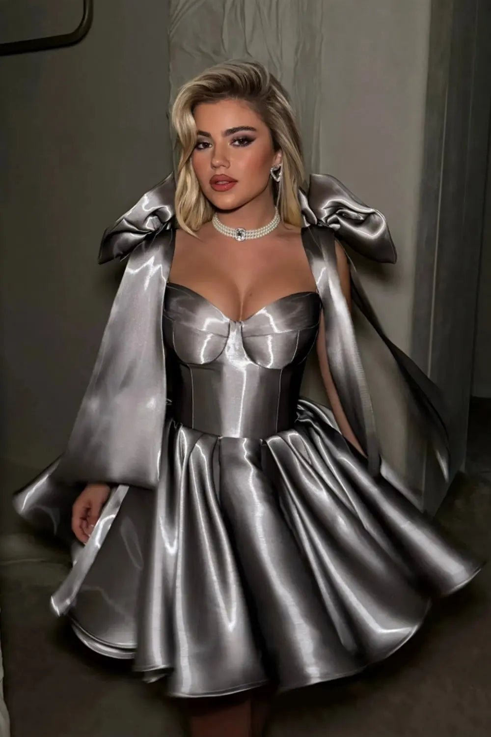 Metallic Silver-Gray Corset Mini Dress with Bows Metallic Silver-Gray Corset Mini Dress with Bows — Classy Gray Dress