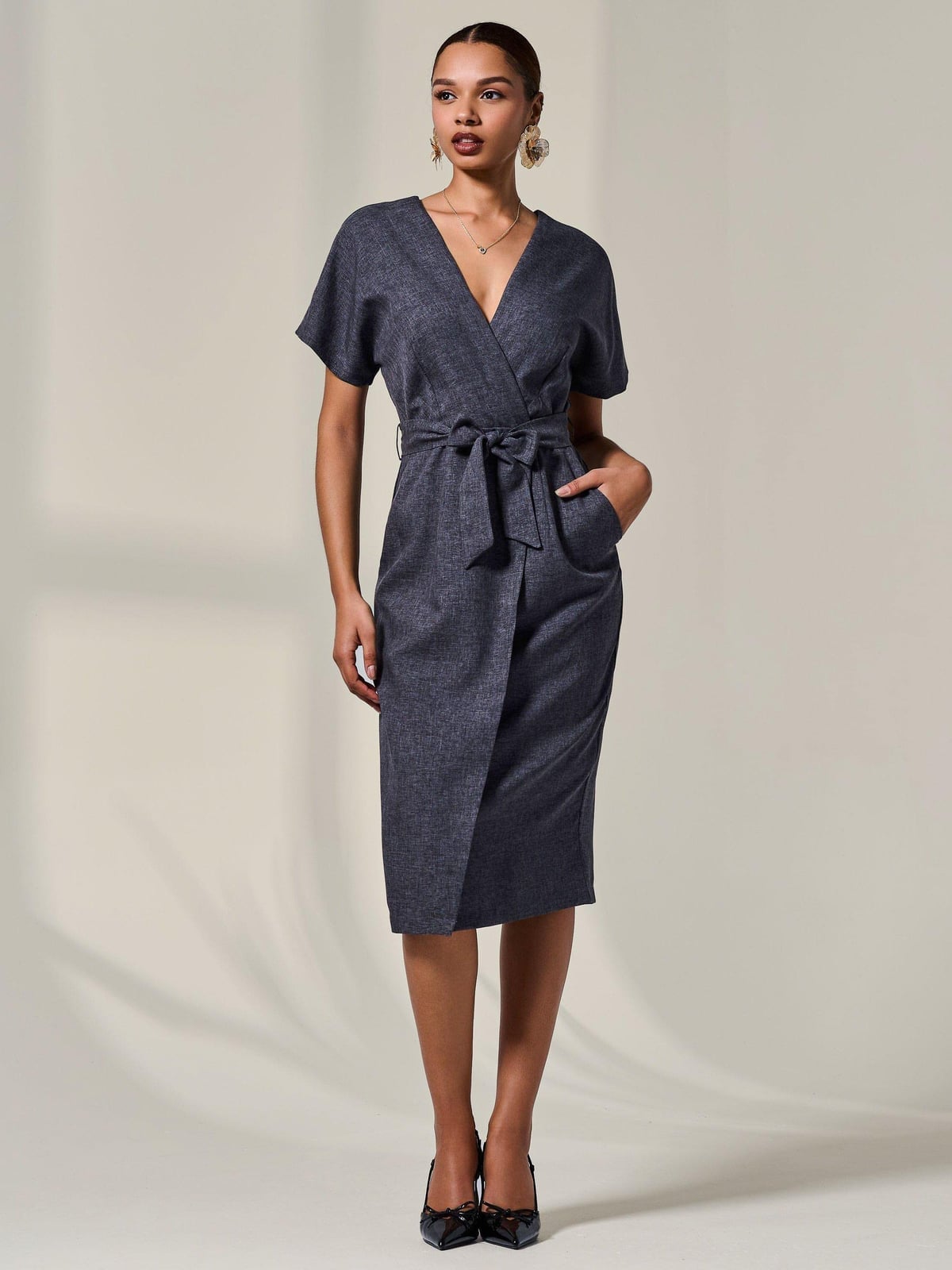 Dark Gray Heathered Knit Wrap Dress Dark Gray Heathered Knit Wrap Dress — Classy Gray Dress