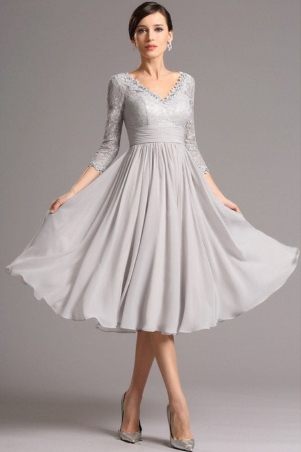 Gray Tea-Length Fit and Flare Dress with Lace Sleeves Gray Tea-Length Fit and Flare Dress with Lace Sleeves — Classy Gray Dress