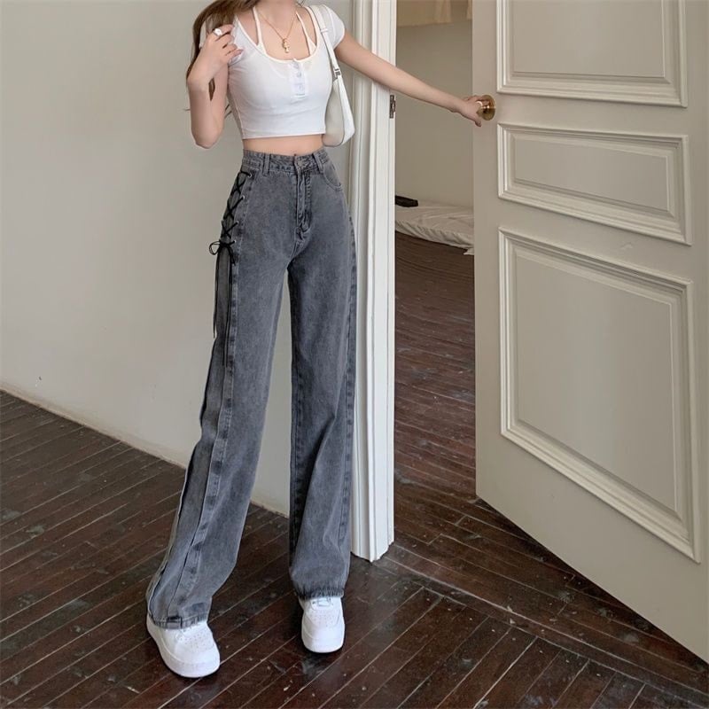 Wide Leg Gray Jeans With Side Lace-Up Detail Wide Leg Gray Jeans With Side Lace-Up Detail — Classy Gray Jeans Outfits