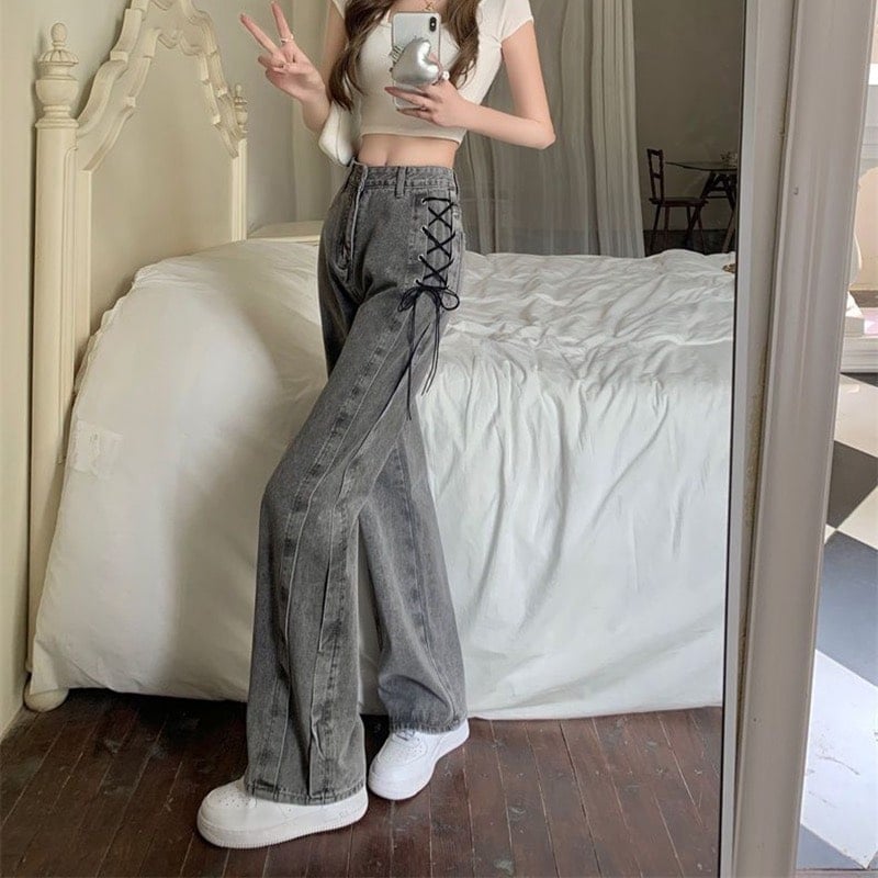 Wide Leg Gray Jeans With Side Lace Detail, Office-Safe Version Wide Leg Gray Jeans With Side Lace Detail, Office-Safe Version — Classy Gray Jeans Outfits