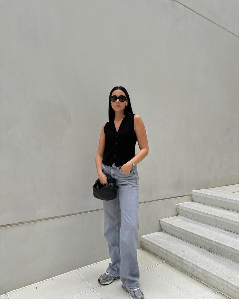 Light Gray Wide Leg Jeans With Black Sleeveless Vest Light Gray Wide Leg Jeans With Black Sleeveless Vest — Classy Gray Jeans Outfits