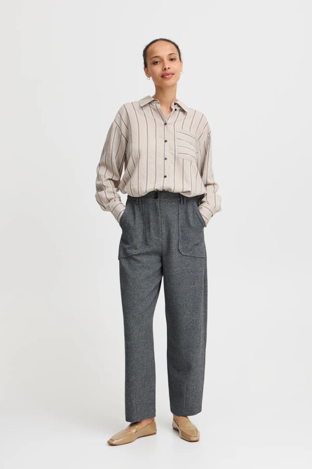 Textured Gray Wool Blend Trousers With Striped Button-Down Shirt — Classy Gray Pants Outfits