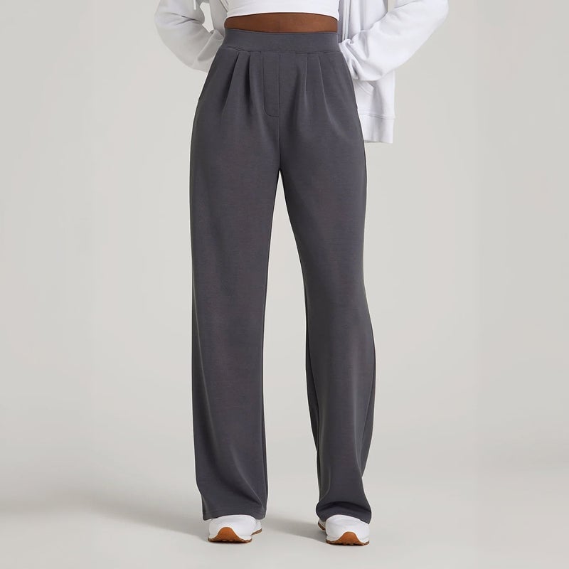 Dark Gray Wide Leg Trousers With White Hooded, Office-Safe Version — Classy Gray Pants Outfits