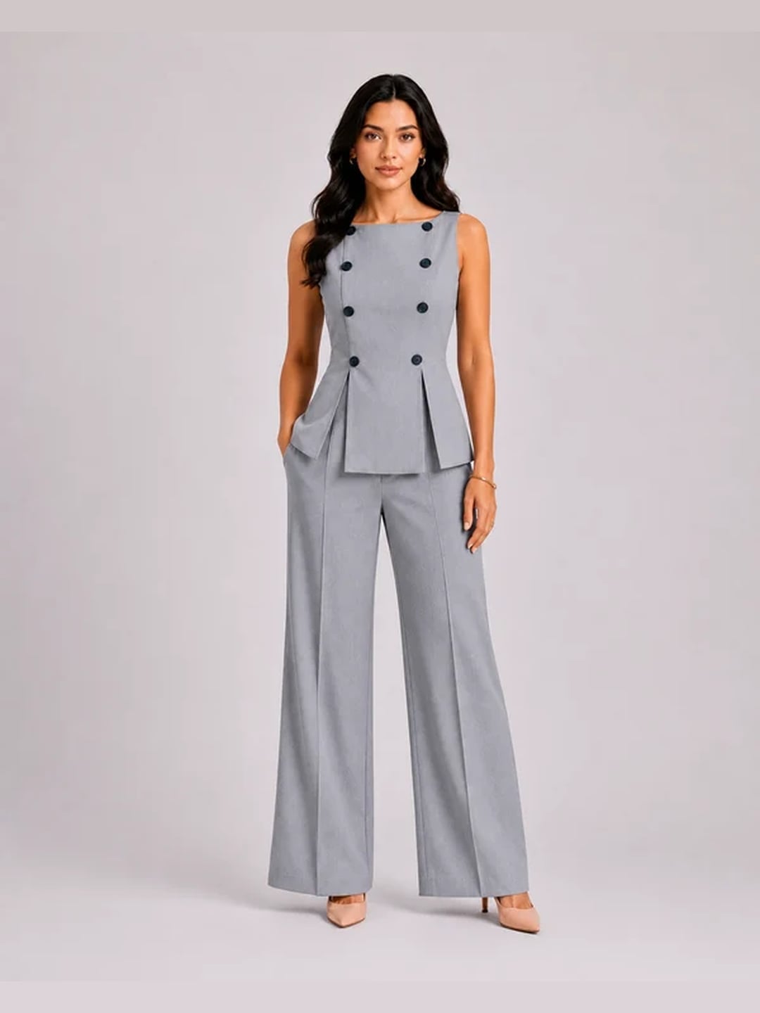 Light Gray Linen Blend Wide Leg Trousers With Double Breasted Top — Classy Gray Pants Outfits