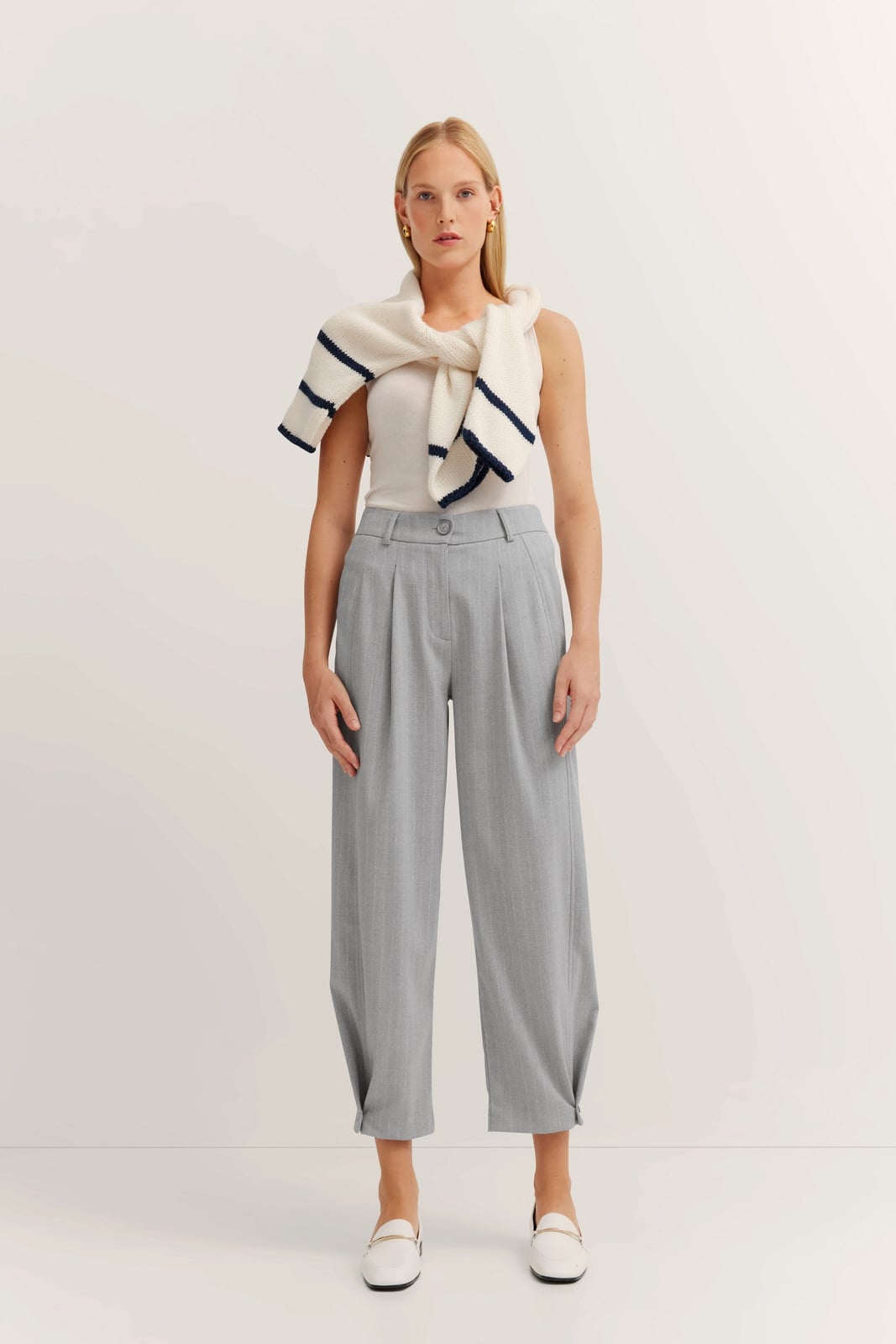 Gray Pleated Wide Leg Trousers With Striped Sweater, Close-Up Take — Classy Gray Pants Outfits