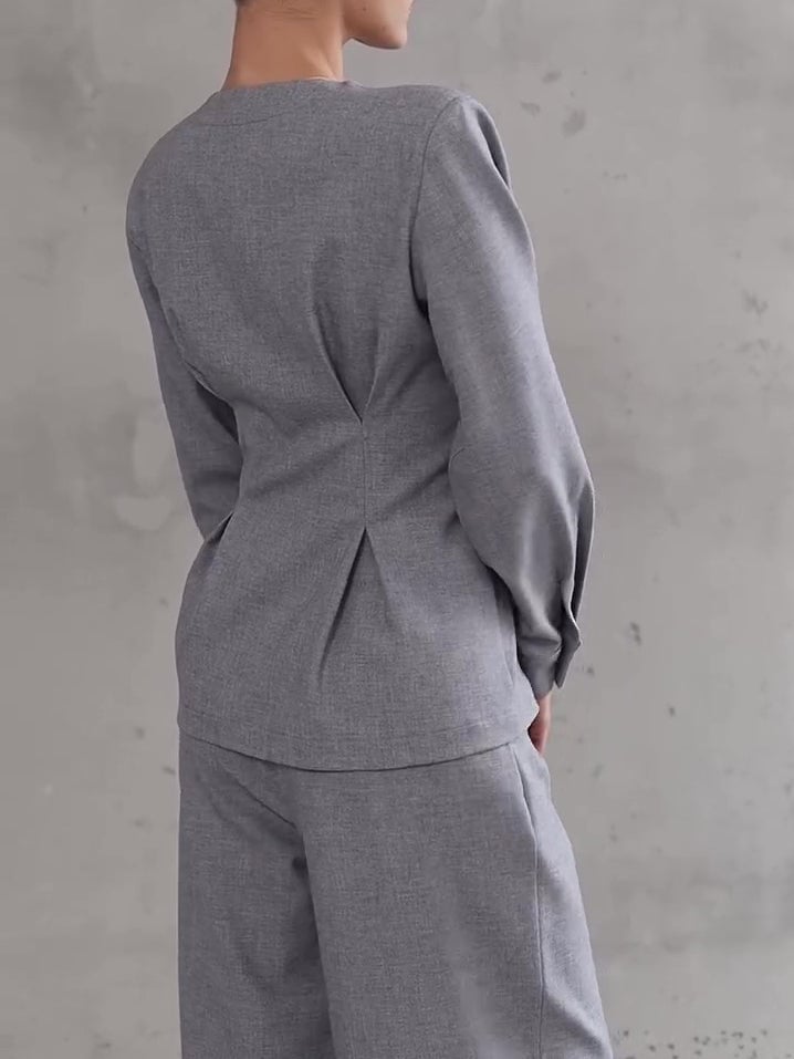 Matching Gray Wide Leg Trousers And Long Sleeve, Office-Safe Version — Classy Gray Pants Outfits