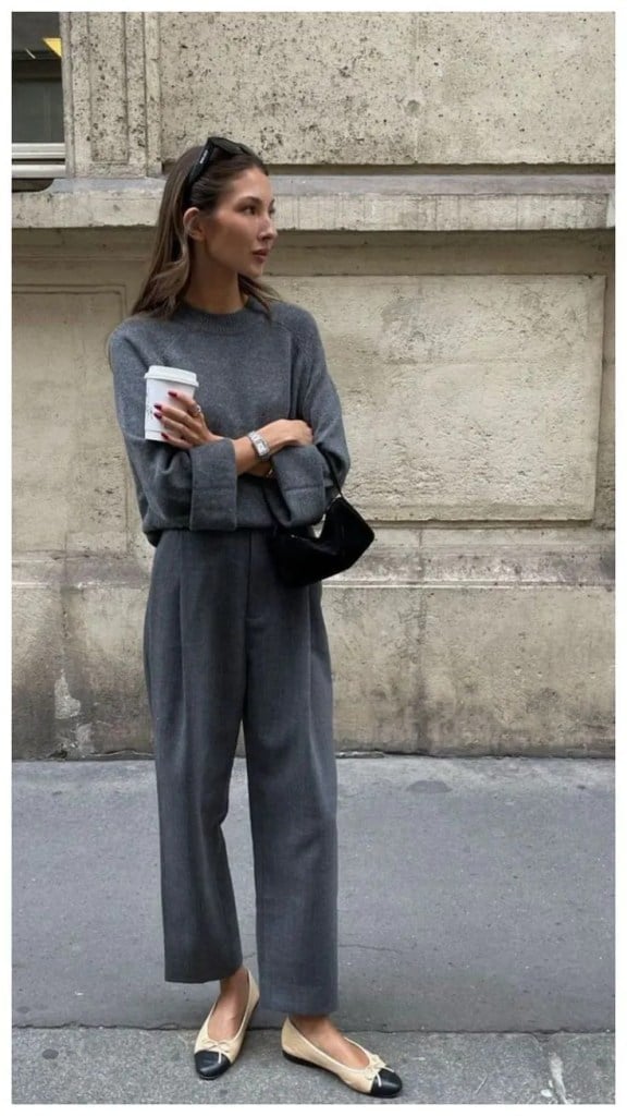 Monochrome Gray Trousers With Crewneck Sweater — Classy Gray Pants Outfits