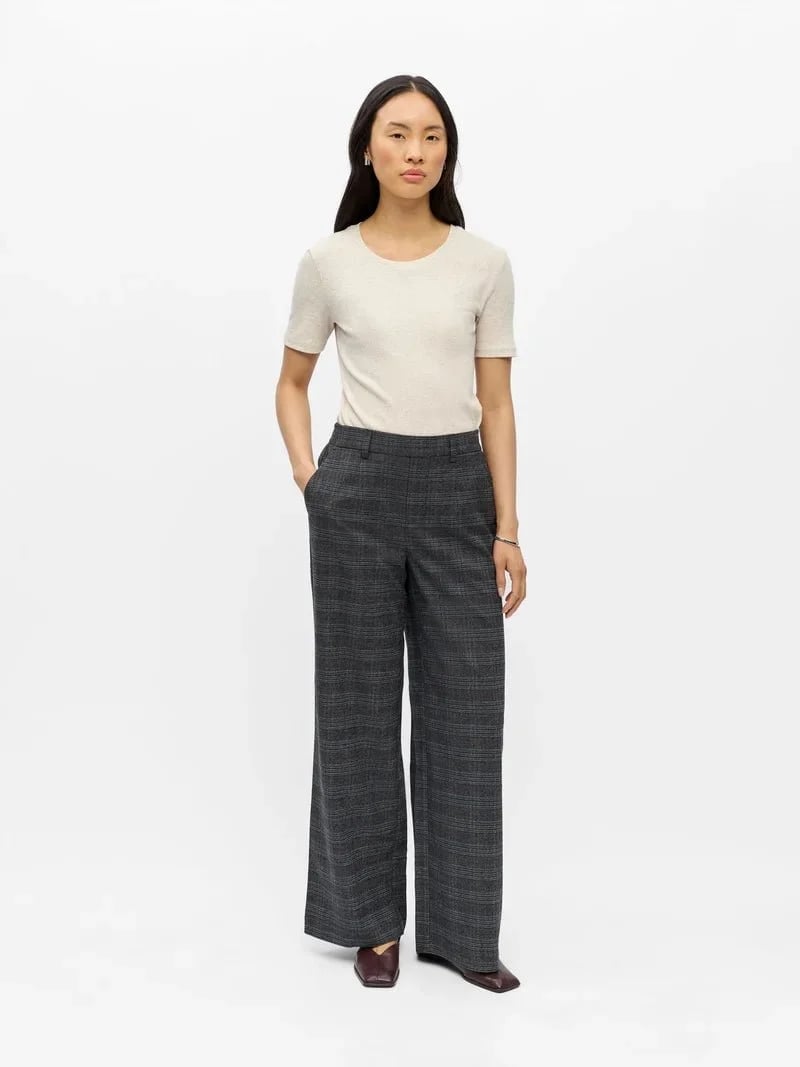 Dark Gray Plaid Wide Leg Trousers With Cream Knit Top — Classy Gray Pants Outfits