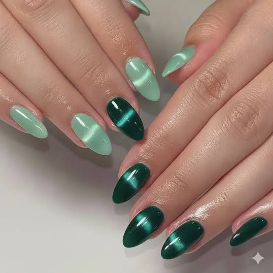 Medium Oval Mint to Emerald Green Cat Eye, Close-Up Take Medium Oval Mint to Emerald Green Cat Eye, Close-Up Take — Classy Green Cat Eye Nails