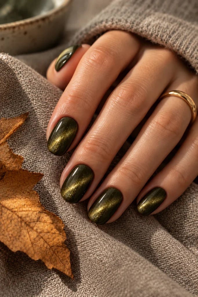 Short Oval Deep Green Gold Shimmer Cat Eye Short Oval Deep Green Gold Shimmer Cat Eye — Classy Green Cat Eye Nails