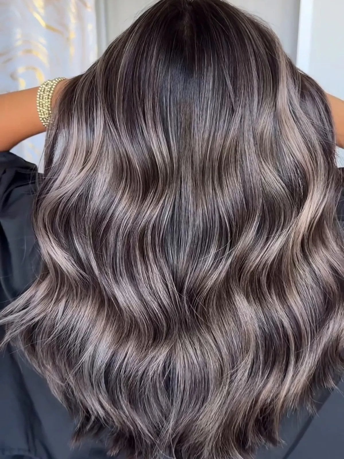 Dark Brown With Ash Blonde Highlights and Wavy Blowout Dark Brown With Ash Blonde Highlights and Wavy Blowout — Classy Grey Blending Highlights
