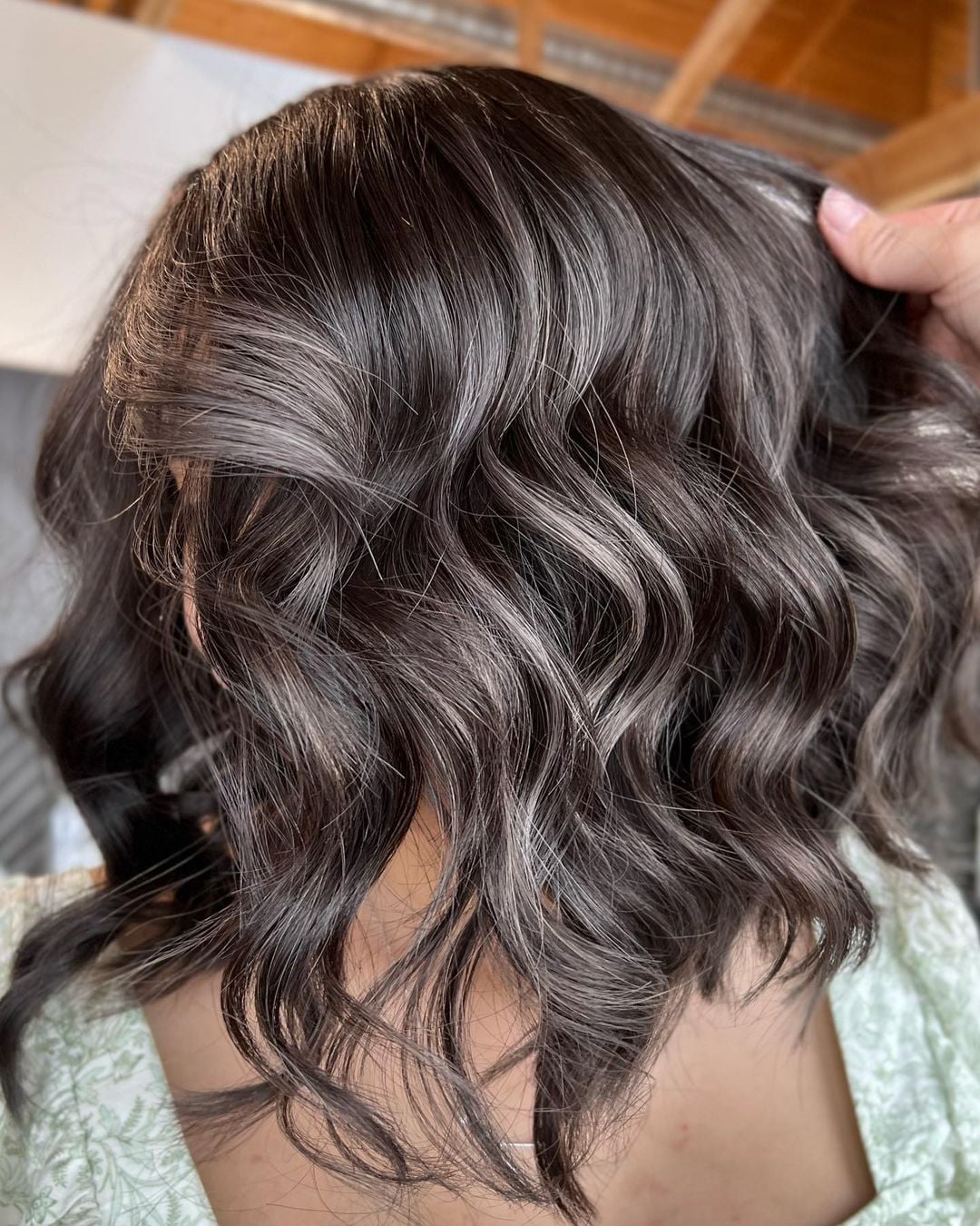 Dark Brown Lob With Ash Blonde Highlights, Collarbone Dark Brown Lob With Ash Blonde Highlights, Collarbone — Classy Grey Blending Highlights