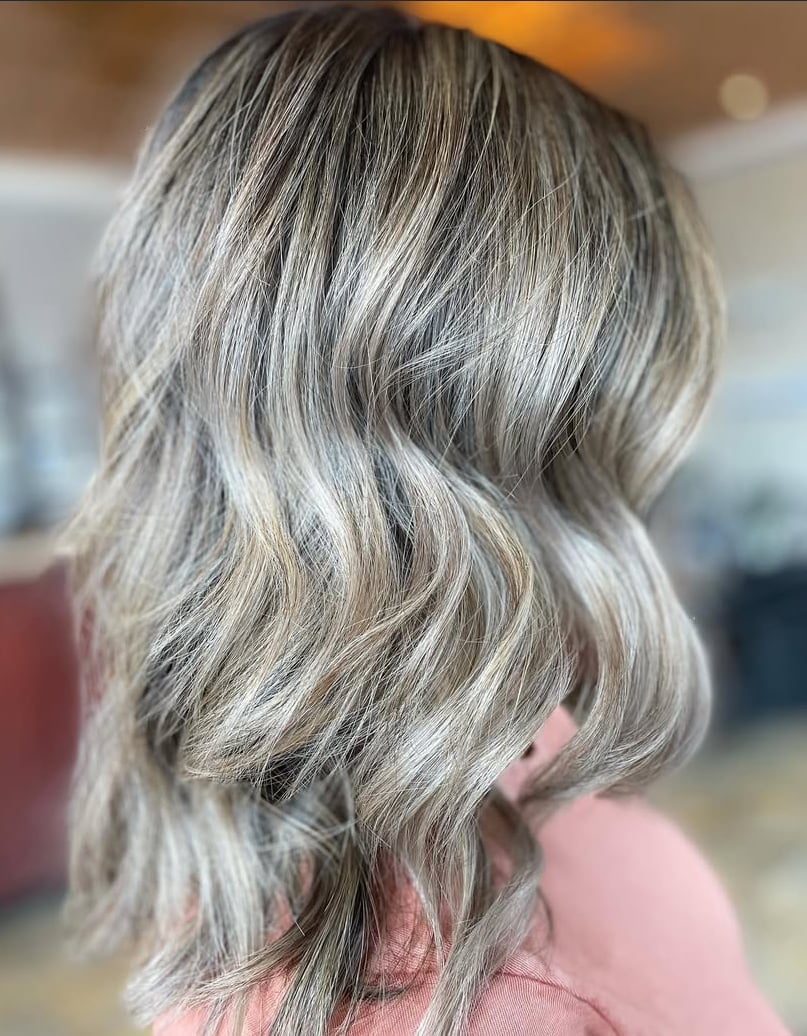 Natural Gray Base With Lighter Gray Highlights and Face-Framing Layers Natural Gray Base With Lighter Gray Highlights and Face-Framing Layers — Classy Grey Blending Highlights