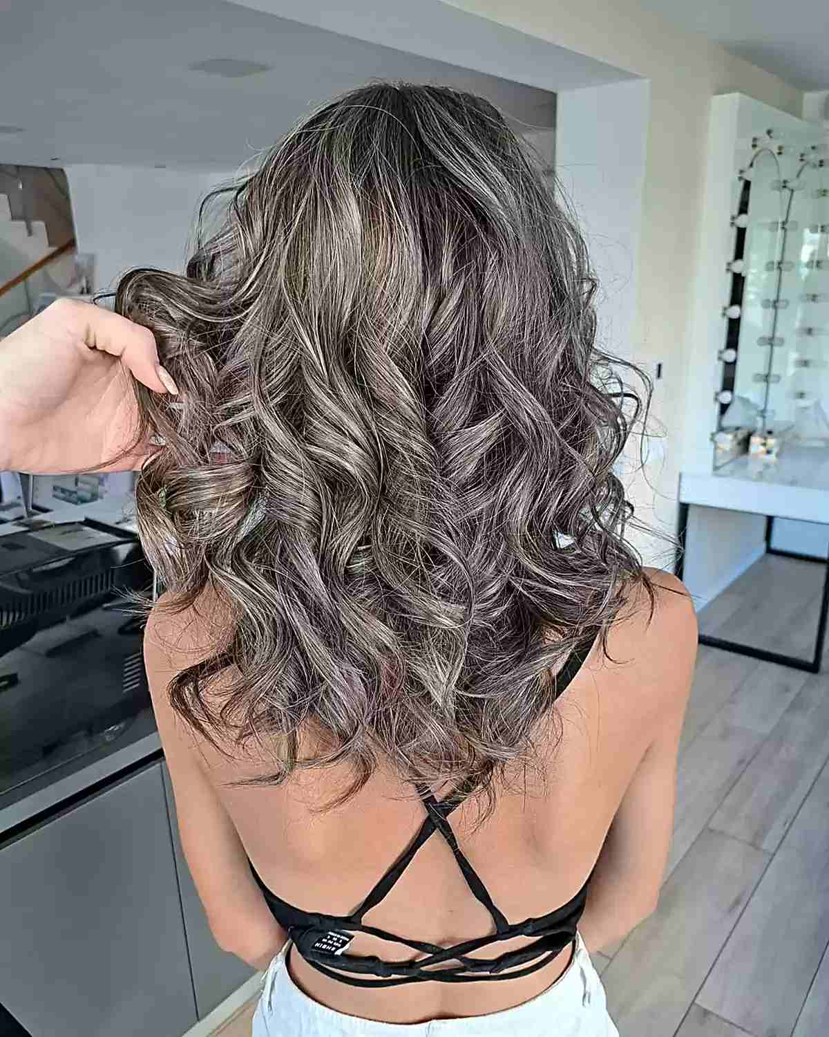 Dark Base With Gray And Silver Highlights and Curtain Bangs Dark Base With Gray And Silver Highlights and Curtain Bangs — Classy Grey Blending Highlights