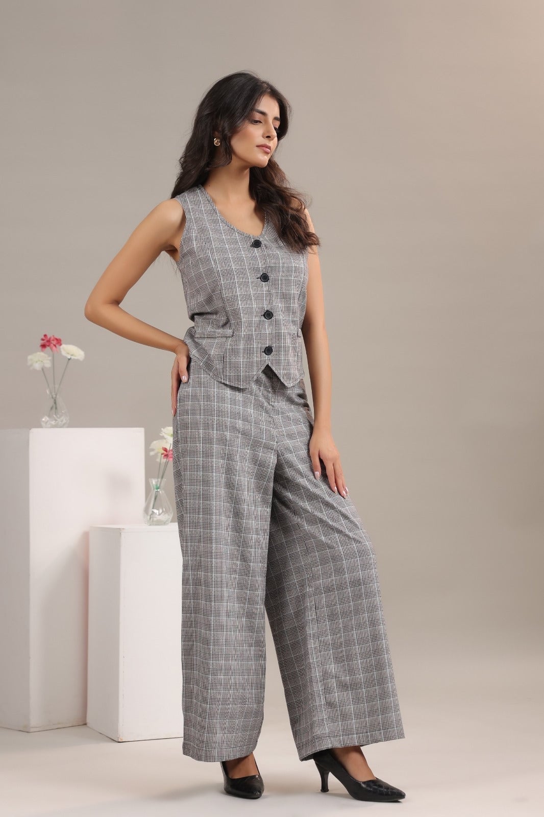 Gray Checked Trousers with Matching Vest — Classy Grey Pants Outfits